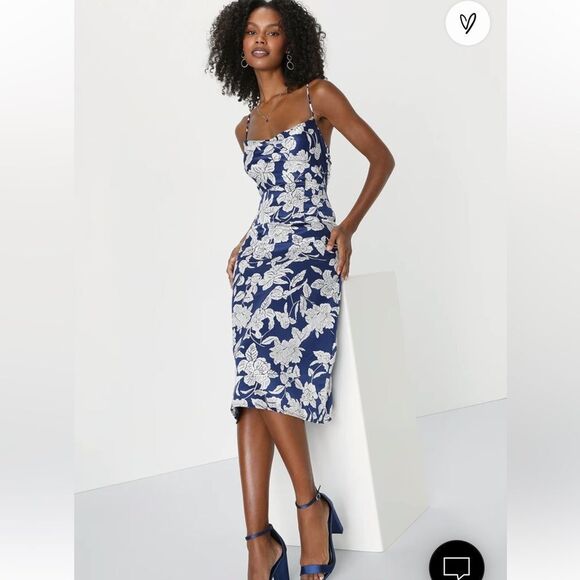 Lulus NWT Elevated Occasion Navy Satin Floral Cowl Tie-Back Dress Size XS - Picture 2 of 8